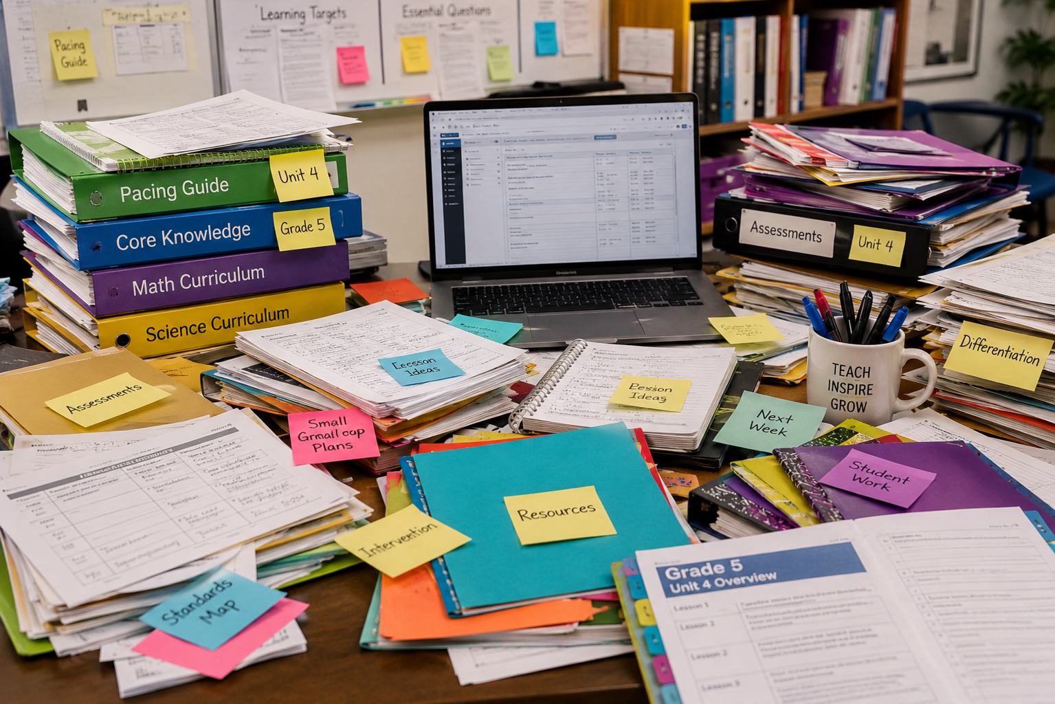 Scattered binders, folders and papers on a desk — disorganized curriculum materials